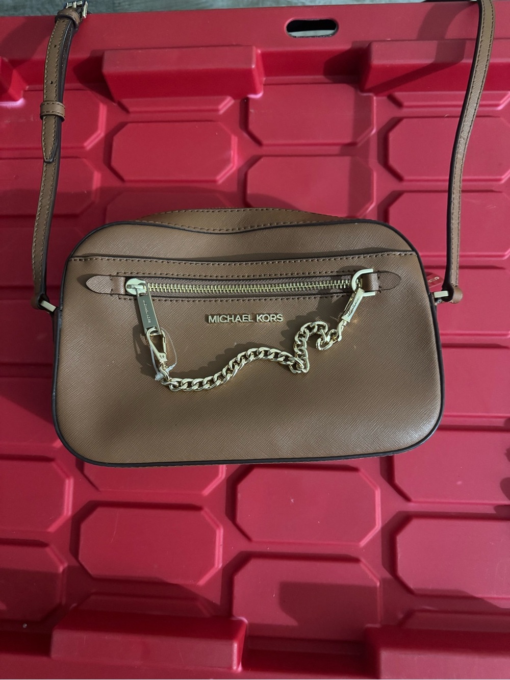 Michael Kors Brown Saffiano Leather Crossbody with Gold Chain Accent - Picture 7 of 8